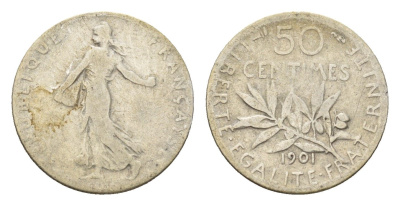 Франция 50 сантимов 1901 KM 854 серебро 54-642