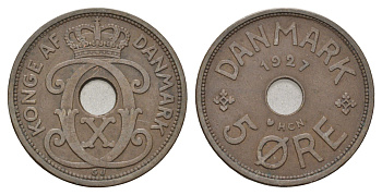 Дания 5 эре 1927 NCH, Кристиан X (1912-1947) KM 828 бронза 4700-814