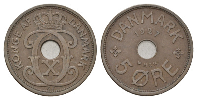 Дания 5 эре 1927 NCH, Кристиан X (1912-1947) KM 828 бронза 4700-814