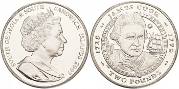 Южная Георгия и Южные Сандвичевы Острова 2 фунта 2007 Джеймс Кук (1728-1779) KM 36 медно-никель UNC M26-19