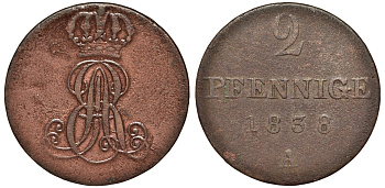 Ганновер 2 пфеннига 1838 A, Эрнст Август (1837-1851) KM 174.1, AKS 122, J. 55 медь 4681-1136
