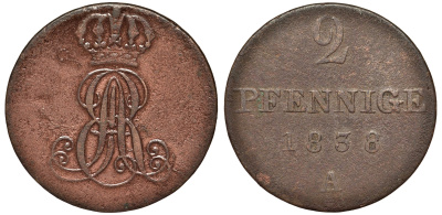 Ганновер 2 пфеннига 1838 A, Эрнст Август (1837-1851) KM 174.1, AKS 122, J. 55 медь 4681-1136