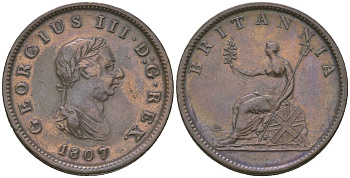 Великобритания 1/2 пенни 1807 Георг III (1760-1820) KM 662, Spink 3781 медь 4590-816