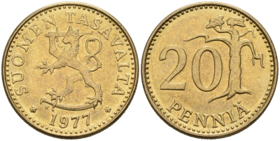 ФИНЛЯНДИЯ 20 ПЕННИ 1977 K KM 47 алюминиевая бронза 4563-324