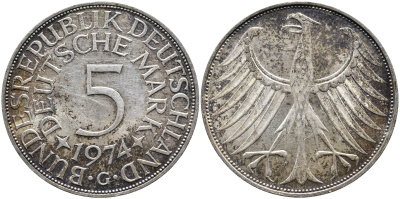ФРГ 5 МАРОК 1974 G, KM 112.1, J. 387 серебро 1529-1012