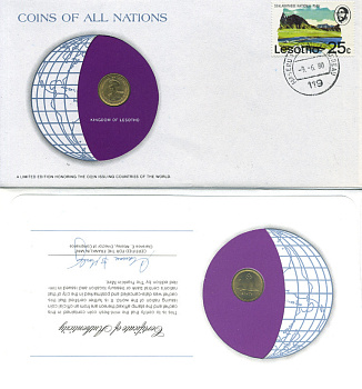 ЛЕСОТО 1 СЕНТЕ 1979 КОНВЕРТ С МАРКОЙ ПЕРВОГО ДНЯ ГАШЕНИЯ, COINS OF NATIONS KM 16 никель латунь UNC 4294-14-1