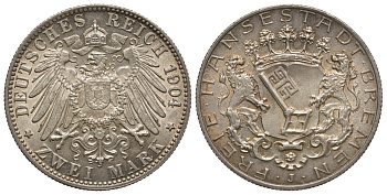 Бремен 2 марки 1904 J, Weege 59, J. 59, KM 250 серебро UNC 00-811-59
