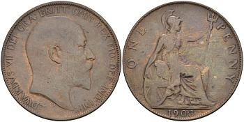 Великобритания 1 пенни 1903 Эдуард VII (1901-1910) KM 794.2, Sp 3990 бронза 4149-641