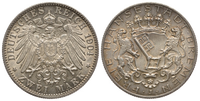 Бремен 2 марки 1904 J, Weege 59, J. 59, KM 250 серебро UNC 00-811-59