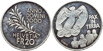 Швейцария 20 франков 2000 В, год мира и согласия KM 90 серебро PROOF 1524-735