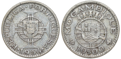 Португальский Мозамбик 10 эскудо 1954 KM 79 серебро 51-2947