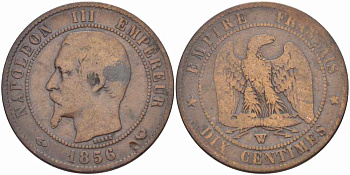 Франция 10 сантимов 1856 W, Наполеон III (1852-1870) KM 771.7, Le Franc 133.38 бронза 4680-613