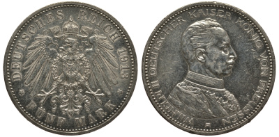 Пруссия 5 марок 1913 Вильгельм II в мундире KM 536, J.114 серебро 3711-421