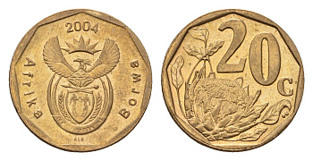 ЮАР 20 центов 2004 герб, цветок протея KM 328 сталь плакированная бронзой UNC 4687-556