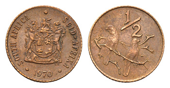 ЮАР 1/2 цента 1970 два капских воробья на ветке KM 81 бронза 116-1132