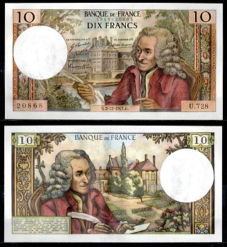 Франция 10 франков 1971 Вольтер (Франсуа-Мари Аруэ), дворец Тюильри (Париж). Вольтер (Франсуа-Мари Аруэ), Шато де Сирей (Шампань Pick 147 c бумага 451-1057-3