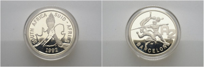 ЮАР 2 ранда 1992 олимпийские игры, Барселона 1992, в коробке KM 147 серебро PROOF 3-4-7-1