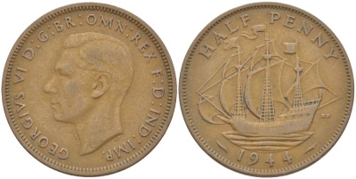 Великобритания 1/2 пенни 1944 Георг VI (1936-1952) KM 844, Spink 4115 бронза 59-112