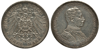 Пруссия 3 марки 1914 Вильгельм II (1888-1918) в мундире KM 538, J.113 серебро 3711-545