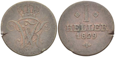 Гессен-Кассель 1 геллер 1829 Вильгельм II (1821-1847) KM 576, Jaeger 13, AKS 29. медь 4532-1243