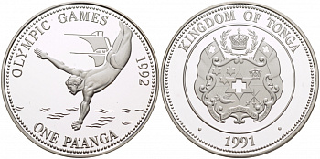 Тонга 1 паанга 1991 XXV летние Олимпийские игры в Барселоне 1992 года, прыжки с трамплина в воду KM 140 серебро PROOF 1084-9-51