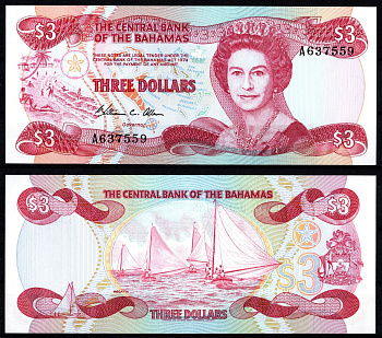 Багамские острова (Багамы) 3 доллара 1974 (1984) Pick 44 a бумага UNC (пресс) 8605-2-4-2