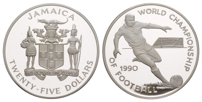 Ямайка 25 долларов 1990 Чемпионат мира по футболу 1990, Италия KM 142 серебро PROOF 1079-2-44