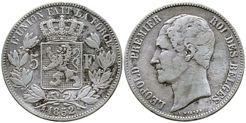 Бельгия 5 франков 1852 Леопольд I (1831-1865) KM 17 серебро 00-1067-5-43