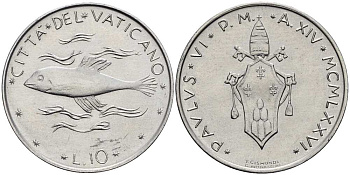 ВАТИКАН 10 ЛИР 1976 ГОД XIV, ПАВЕЛ VI (1963-1978), РЫБА KM 119 алюминий 4519-244