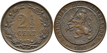 НИДЕРЛАНДЫ 2 1/2 ЦЕНТА 1881 KM 108 бронза 28-937