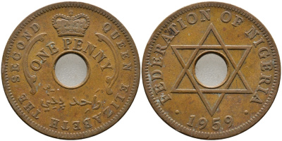 Нигерия 1 пенни 1959 Елизавета II (1952-), Британский протекторат KM 2 бронза 51-2342