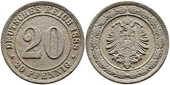 ГЕРМАНИЯ 20 ПФЕННИГОВ 1888 A KM 9.1 медно-никель 89-1612