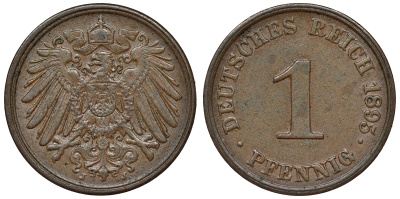 Германия 1 пфенниг 1895 J, цена по каталогу МТ 50 евро KM 10, J. 10 медь aUNC 71-1022