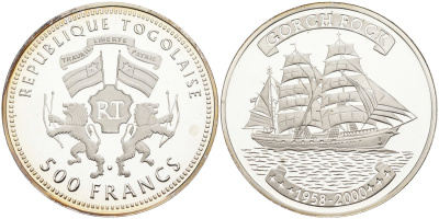 Того 500 франков 2000 парусник "Gorch Fock" (Товарищ), тираж 5000 экз. KM 18 серебро PROOF 04-318-15