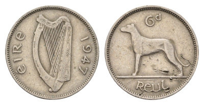 Ирландия 6 пенсов 1947 собака, ирландский волкодав KM 13a медно-никель 4696-516