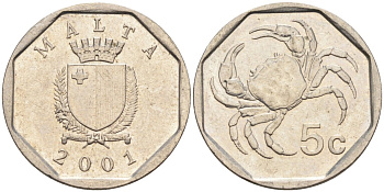 Мальта 5 центов 2001 краб KM 95 медно-никель 4588-142