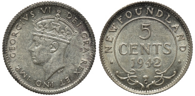 Ньюфаундленд 5 центов 1942 С, Георг VI (1937-1952) KM 19 серебро aUNC 192-321