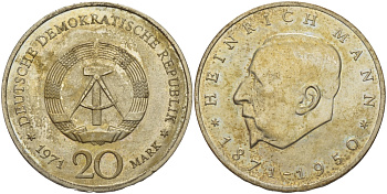 ГДР 20 марок 1971 А, 100 лет со дня рождения Генриха Манна (1871-1950) KM 33, J. 1531 медно-никель 82-1115
