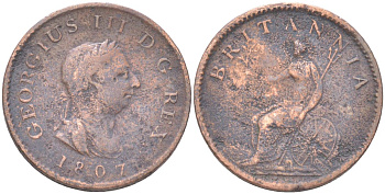 Великобритания 1 фартинг 1807 Георг III (1760-1820) KM 661, Spink 3782 медь 4613-351