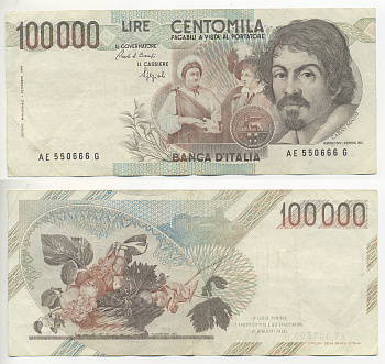 Италия 100000 лир 1983 Караваджо, фруктовый букет, подпись Speziali Pick 110b бумага 7220-9-3