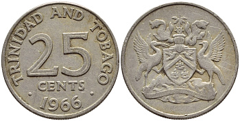 Тринидад и Тобаго 25 центов 1966 герб KM 4 медно-никель 4396-628