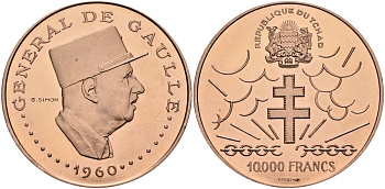 Чад 10000 франков 1960 ESSAI, генерал Шарль де Голль медь PROOF 04-320-41