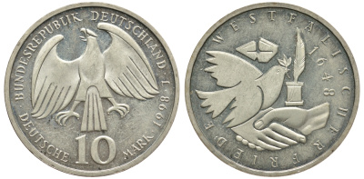 ФРГ 10 марок 1998 J, 350 лет Вестфальскому мирному договору KM 191 серебро 413-1931