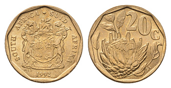 ЮАР 20 центов 1992 герб, цветок протея KM 136 сталь плакированная бронзой UNC 4694-823