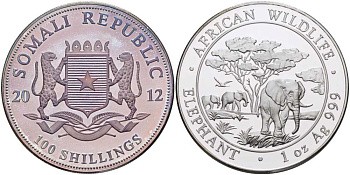 Сомали 100 шиллингов 2012 серия охрана окружающей среды, африканские слоны, 1 унция KM NEW серебро PROOF 1076-8-11