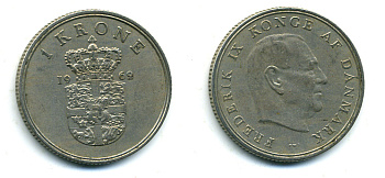 Дания 1 крона 1962 C; S, Фредерик IX (1947-1972) KM 851 медно-никель 56-342