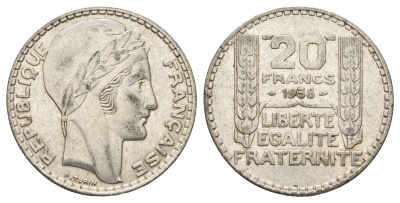 Франция 20 франков 1938 KM 879, Le Franc 400.7 серебро 5010-1115