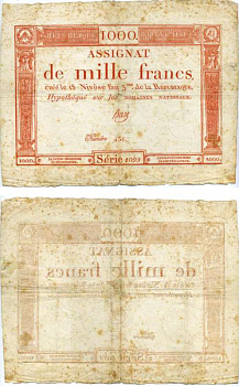 Франция 1000 франков 1795 18 Nivose An III (7.1.1795), серия 1099 № 456 Pick А80  бумага 6262-6-2-1