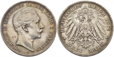 Пруссия 3 марки 1912 Вильгельм II (1888-1918) KM 527, J. 103 серебро    3896-1042