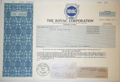 США, THE ROVAC CORPORATION 2200 АКЦИЙ 1987 США бумага 00-00